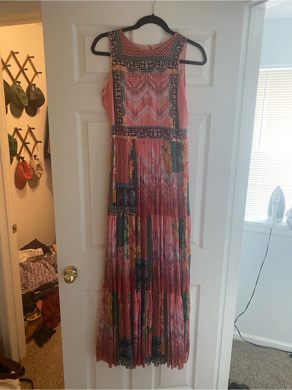Pink Patterned Sleeveless Maxi Dress with Multicolor Panels